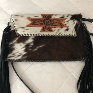 Brown and White Leather Fringe Bag